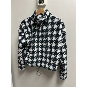 Y2K Houndstooth Sherpa Jacket Womens L  Half Zip Boxy Teddy Coat Clueless Preppy